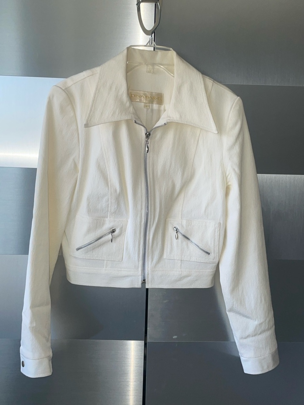 DINA BAR-EL Off-White Zip-Front Jacket with silver details. SZ4